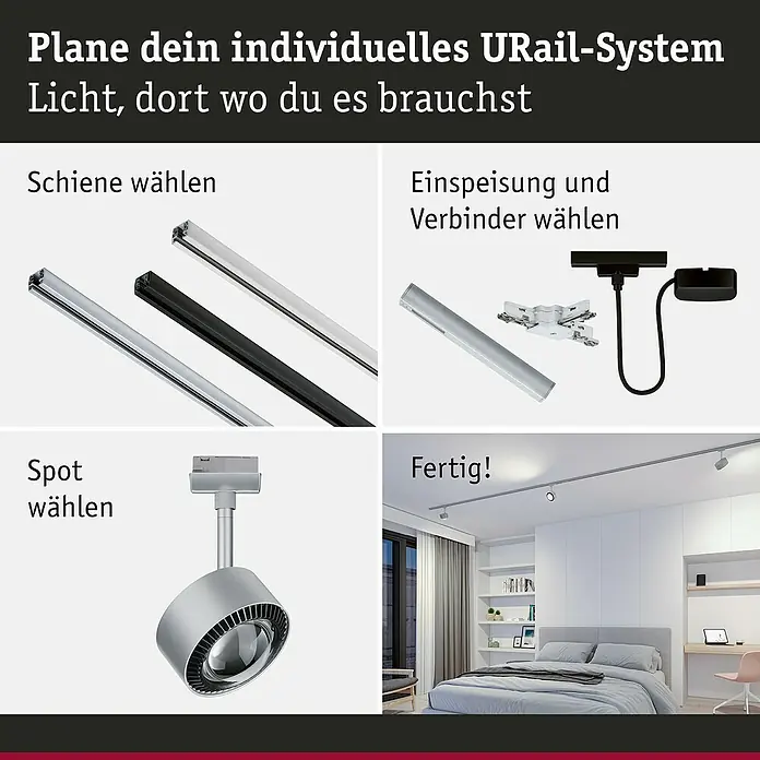 Paulmann URail LED-Spot Aldan - Chrom matt, Kaltweiß, Ø x H: 9,9 x 17,9 cm - Bild zeigt ein URail-System, bestehend aus Schienen, Einspeisung, Verbindern und Spots. Das Lichtsystem ist flexibel und individuell anpassbar.