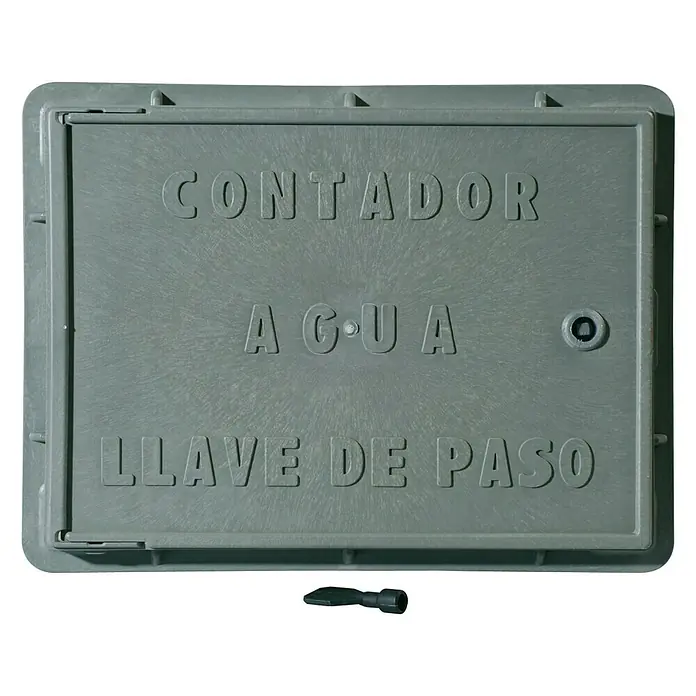 Tapa de registro para contador de agua - 35 x 45 cm, Gris - Tapa de contador de agua gris con la inscripción "Contador Agua Llave De Paso" y llave a juego.