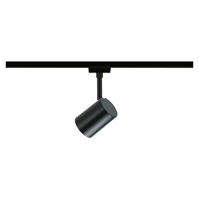Paulmann URail LED-Spot Luxe - 10 W, Schwarz matt, 6,5 x 9 x 16,3 cm, RGBW - Schwarzer Strahler an einer schwarzen Schiene. Das Produkt ist modern und minimalistisch gestaltet.