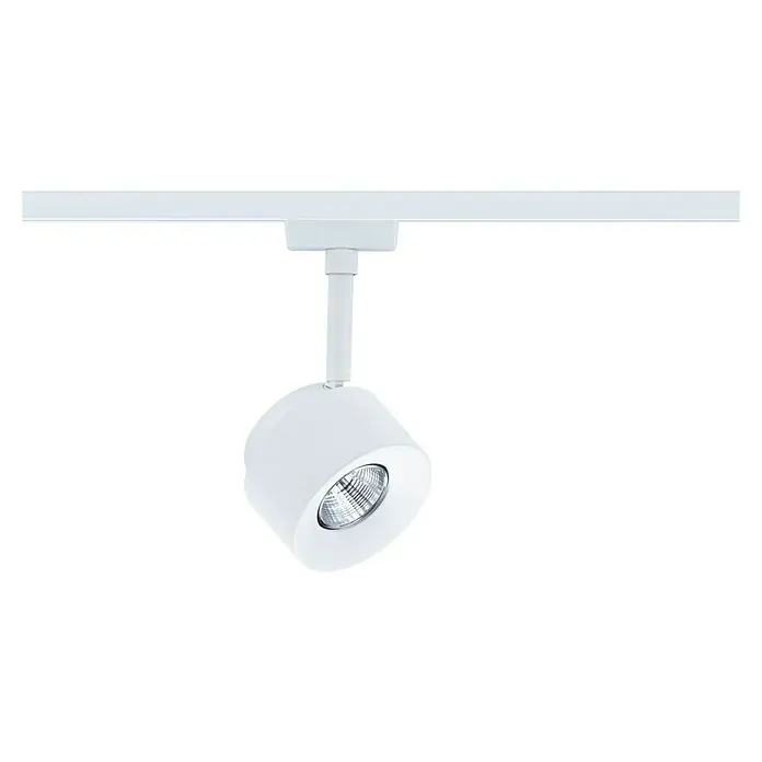 Paulmann URail LED-Spot Pane - Signalweiß, Neutralweiß - Nahaufnahme einer weißen LED-Schiene, die von der Decke hängt und mit einem verstellbaren Kopf für die Lichtausrichtung ausgestattet ist.