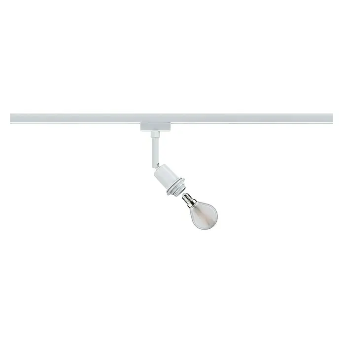 Paulmann URail LED-Spot DecoSystems - Lampenfassung: E14, Farbe: Signalweiß - Die Nahaufnahme zeigt eine weiße Schienenleuchte mit einer Glühbirne, die von der Decke hängt und ein modernes Design aufweist.