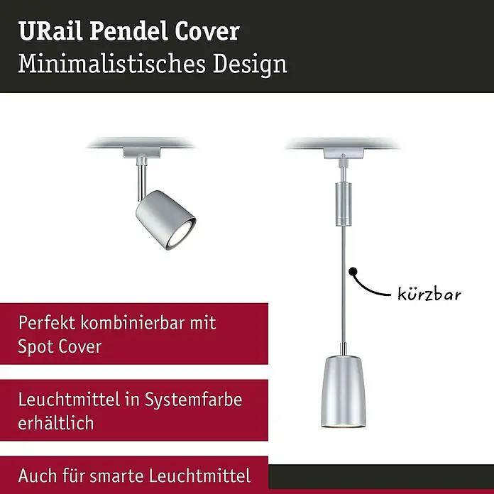 Paulmann URail Pendelleuchte Cover - Ø x H: 6,5 x 122 cm, Chrom matt - Abbildung einer URail Pendelleuchte im minimalistischen Design, perfekt kombinierbar mit Spot Covern, Leuchtmittel in Systemfarbe.