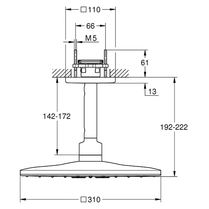 Grohe Rainshower SmartActive Kopfbrausen-Set 310 Cube - 31 x 31 cm, 25 l/min, Deckenmontage, Moonwhite/Chrom - Eine technische Zeichnung eines Duschkopfs mit verschiedenen Maßangaben, die die Abmessungen des Produkts detailliert beschreiben.