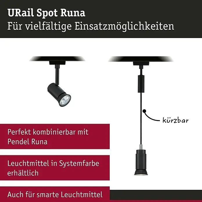 Paulmann URail LED-Spot Runa - 10 W, Schwarz matt, 3,5 x 6 x 13,3 cm - URail Spot Runa für vielfältige Einsatzmöglichkeiten. Das schlichte Design und die flexible Anpassbarkeit machen diese Leuchte zu einem Highlight.