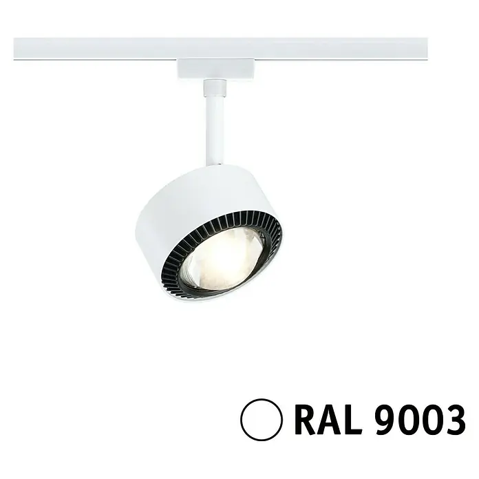 Paulmann URail LED-Spot Aldan - Signalweiß, Warmweiß, Ø x H: 9,8 x 17 cm - Nahaufnahme einer weißen LED-Trackleuchte, die an einer weißen Schiene montiert ist, mit RAL 9003 Farbcode darunter.