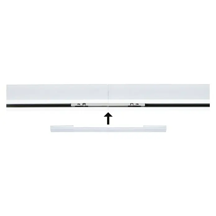 Paulmann URail Abdeckung Connector-Inlay - Satin - Darstellung einer LED-Leuchte mit Montageanleitung. Das Produkt ist in Weiß gehalten und für die Deckenmontage vorgesehen.