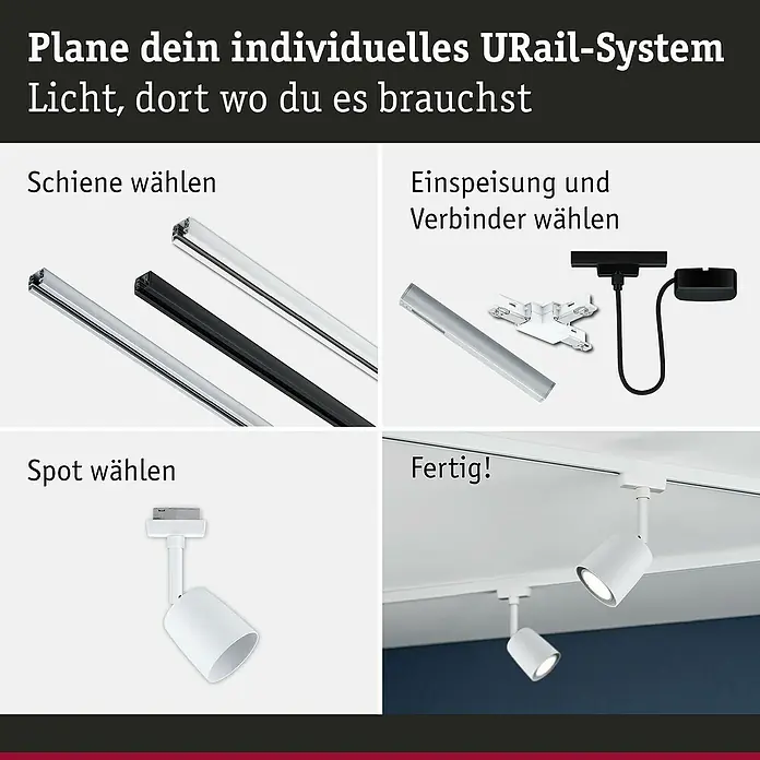 Paulmann URail LED-Spot Cover - 10 W, Signalweiß, GU10 - Die Abbildung zeigt ein modulares URail-Beleuchtungssystem, das aus Schienen, Verbindern und Spots besteht. Planen Sie Ihr individuelles URail-System.