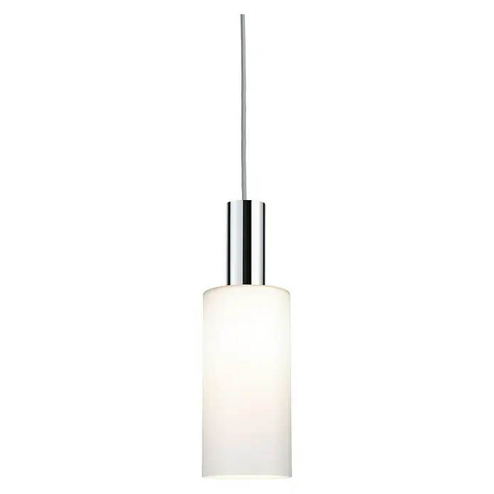 Paulmann URail Lampenschirm Raja - Ø x H: 10 x 21 cm, Opal, E27, Glas - Eine einzelne Pendelleuchte mit einem zylindrischen, weißen Lampenschirm und einer glänzenden, chromfarbenen Aufhängung.