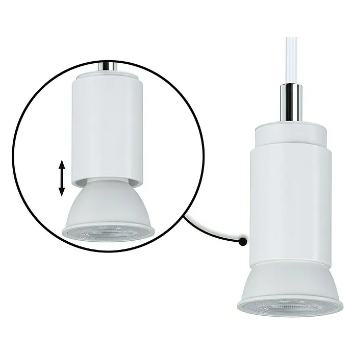 Paulmann URail Pendelleuchte Runa - Ø x H: 3,5 x 118 cm, Signalweiß - Abbildung einer verstellbaren weißen Pendelleuchte, die sich ideal für moderne Innenräume eignet und einen Hauch von Eleganz verleiht.