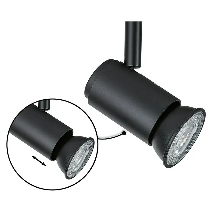 Paulmann URail LED-Spot Runa - 10 W, Schwarz matt, 3,5 x 6 x 13,3 cm - Nahaufnahme eines schwarzen Strahlers mit verstellbarem Kopf, der ein helles Licht ausstrahlt. Perfekt für Akzentbeleuchtung im modernen Interieur.
