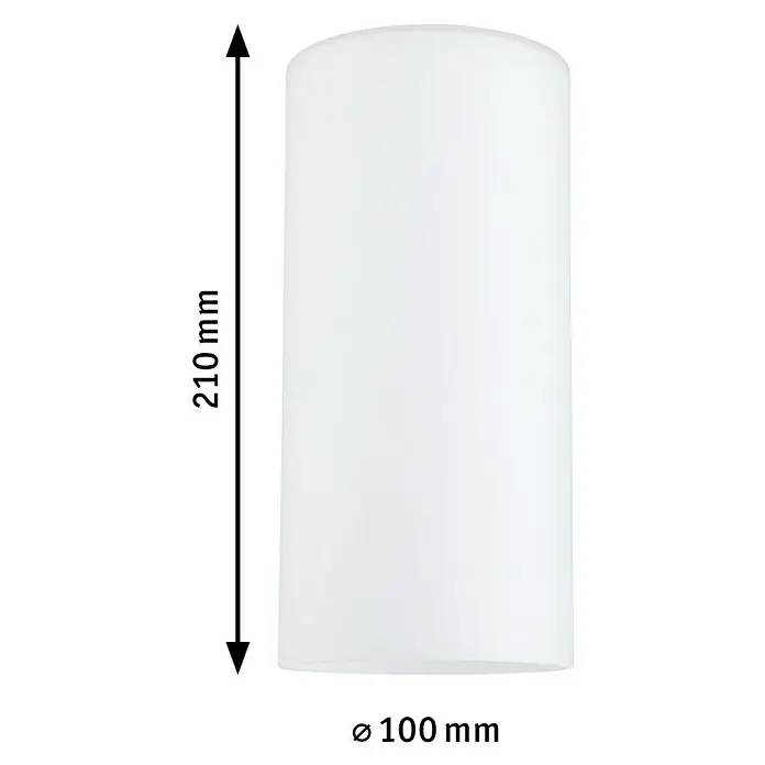 Paulmann URail Lampenschirm Raja - Ø x H: 10 x 21 cm, Opal, E27, Glas - Produktabbildung eines zylindrischen weißen Lampenschirms mit den Maßen 210 mm Höhe und 100 mm Durchmesser.