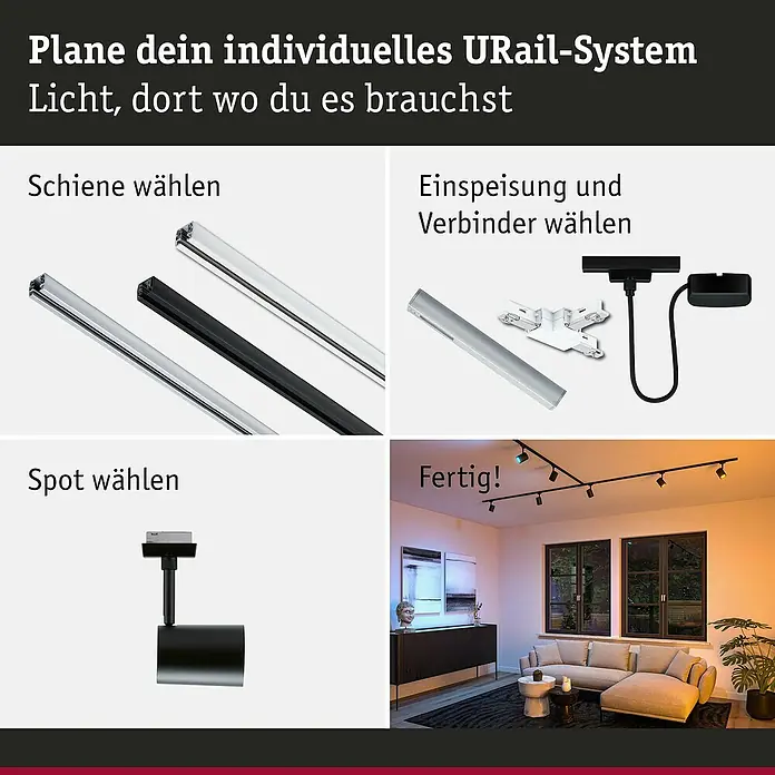 Paulmann URail LED-Spot Luxe - 10 W, Schwarz matt, 6,5 x 9 x 16,3 cm, RGBW - Bild zeigt eine U-Rail-Systemübersicht mit Schienen, Verbindern und Spots zur individuellen Lichtplanung.