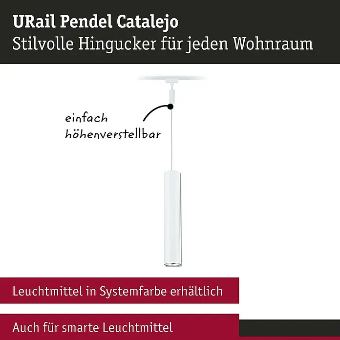 Paulmann URail Pendelleuchte Catalejo - Signalweiß, Höhe: 150 cm - Das Bild zeigt eine U-Rail Pendelleuchte Catalejo, die höhenverstellbar und für smarte Leuchtmittel geeignet ist und für jeden Wohnraum einen Blickfang darstellt.
