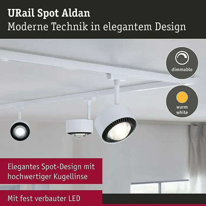 Paulmann URail LED-Spot Aldan - Signalweiß, Warmweiß, Ø x H: 9,8 x 17 cm - URail Spot Aldan: Moderne LED-Schiene mit elegantem Design und dimmbarer, warmweißer Beleuchtung für ein stilvolles Zuhause.