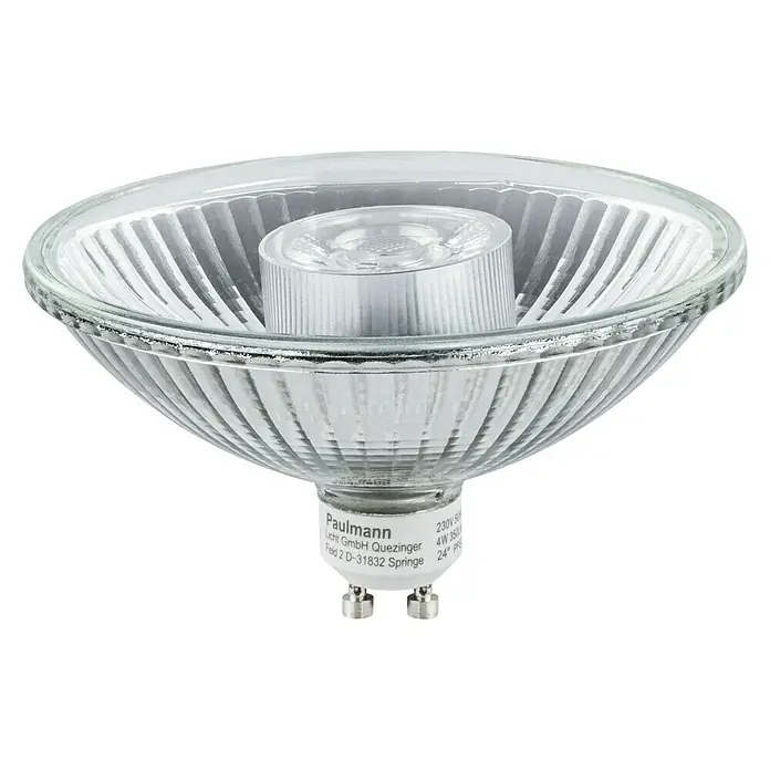 Paulmann LED-Lampe Reflektor QPAR111 - Nicht Dimmbar, Warmweiß, 4 W - Nahaufnahme einer Paulmann LED-Lampe mit klarem Glasreflektor und GU5.3 Sockel für stimmungsvolle Beleuchtung.