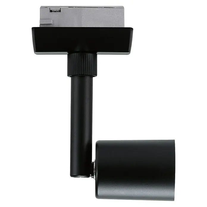 Paulmann URail LED-Spot Salt - 10 W, Schwarz matt, 3,5 x 4,5 x 11,3 cm - Nahaufnahme eines modernen Deckenstrahlers mit silbernem Kopf, schwarzer Halterung und zylindrischem Lampenkörper auf schwarzem Hintergrund.
