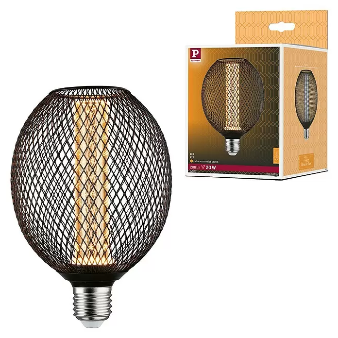 Paulmann LED-Lampe Metallic Glow Spiral - E27, Dimmbarkeit: Nicht Dimmbar, Warmweiß, 200 lm, 4,2 W, Schwarz - Paulmann LED-Lampe mit dekorativem schwarzem Metallgitter und warmweißem Licht, mit Verpackung.