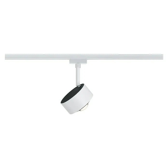 Paulmann URail LED-Spot Aldan - Signalweiß, Kaltweiß, Ø x H: 9,9 x 17,9 cm - Diese Aufnahme zeigt eine weiße Schienenleuchte, die von einer weißen Schiene an der Decke hängt und einen modernen und minimalistischen Look hat.