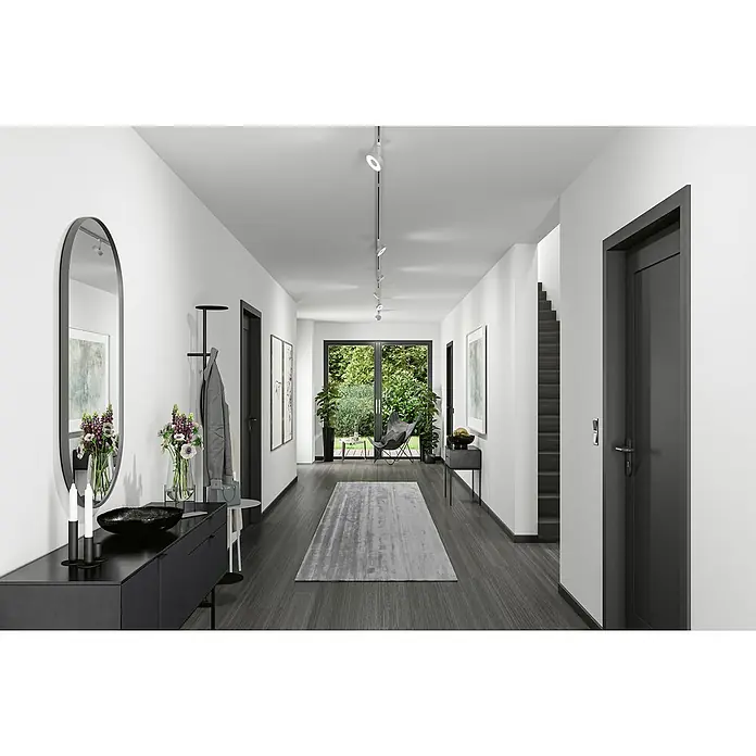Paulmann URail LED-Spot Circle - Chrom matt, 5 x 9,8 x 15,4 cm, Neutralweiß - Einladender Flur mit modernem Sideboard, ovalem Spiegel und stilvoller Dekoration, der eine elegante Atmosphäre schafft.
