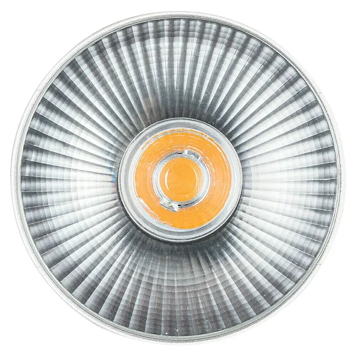 Paulmann LED-Lampe Reflektor QPAR111 - Nicht Dimmbar, Warmweiß, 4 W - Nahaufnahme einer LED-Lampe mit silbernem Reflektor und orangefarbener LED in der Mitte für energieeffiziente Beleuchtung.