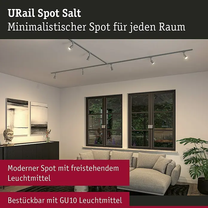 Paulmann URail LED-Spot Salt - 10 W, Chrom matt, 3,5 x 4,5 x 11,3 cm - URail Spot Salt: Moderner, minimalistischer Spot für jeden Raum. Bestückbar mit GU10 Leuchtmittel für individuelle Beleuchtung.