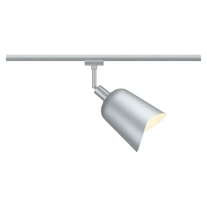 Paulmann URail Lampenschirm Alvaro - E14, Ø x H: 14,4 x 17 cm, Chrom - Nahaufnahme einer modernen silbernen Schienenleuchte, die an einer Metallschiene befestigt ist und nach unten gerichtet ist.