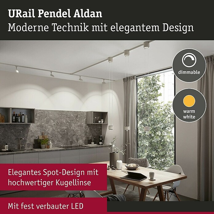 Paulmann URail LED-Pendelleuchte Aldan (Warmweiß, Signalweiß, Ø x H: 9,8 x 150 cm, 3.000 K) | BAUHAUS