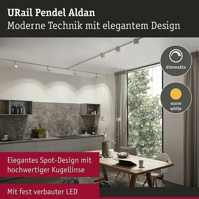 Paulmann URail LED-Pendelleuchte Aldan - Signalweiß, Höhe: 150 cm, Dimmbar - Ein Bild von URail Pendel Aldan, moderne Technik mit elegantem Design, dimmbar und warmweiß, für eine stilvolle Beleuchtung.