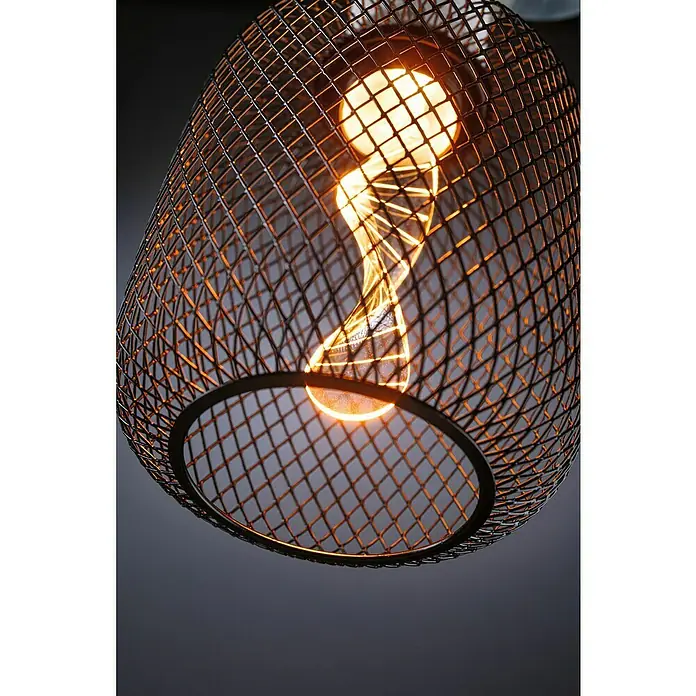 Paulmann LED-Lampe Metallic Glow Helix - E27, Nicht Dimmbar, Warmweiß, 110 lm, 3,5 W, 1 Stk., Schwarz - Nahaufnahme einer eleganten Drahtgeflecht-Pendelleuchte mit einer warm leuchtenden Glühbirne im Inneren.
