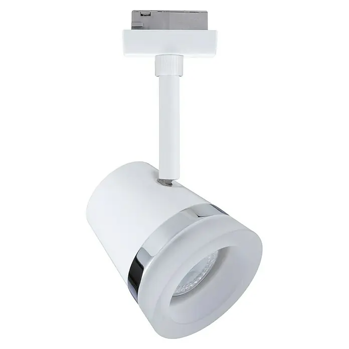 Paulmann URail Spot Cone - Ø x H: 8,5 x 18 cm, GU10, Ohne Leuchtmittel, Signalweiß - Diese Aufnahme zeigt eine LED-Strahler-Schiene in Weiß mit einem eleganten Chromband, ideal zur flexiblen Ausleuchtung von Räumen.