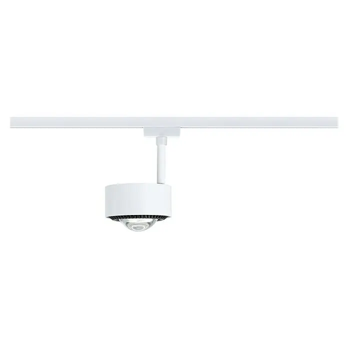 Paulmann URail LED-Spot Aldan - Signalweiß, Neutralweiß, Ø x H: 9,8 x 17 cm - Nahaufnahme einer weißen LED-Deckenleuchte an einer Schiene, die modernes Design und effiziente Beleuchtung vereint.