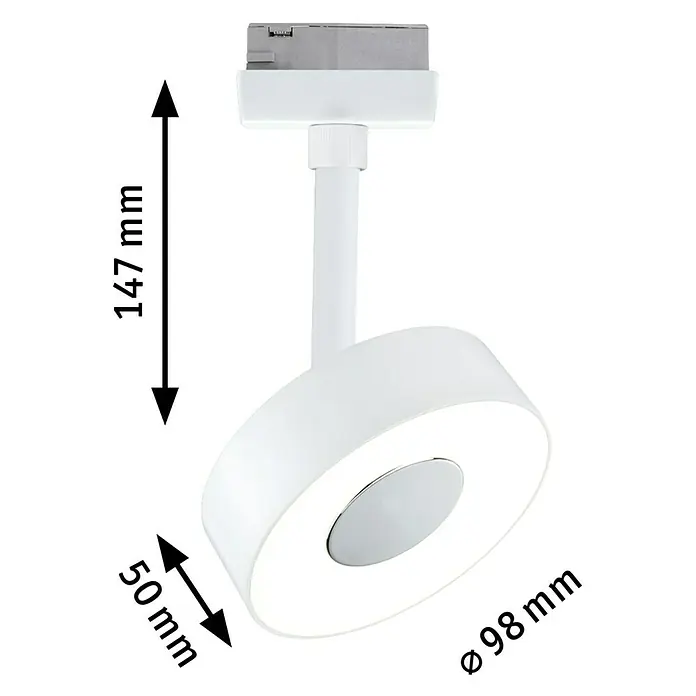 Paulmann URail LED-Spot Circle - Signalweiß, 5 x 9,8 x 15,4 cm, Warmweiß - Produktbild einer weißen runden LED-Deckenleuchte mit den Maßen 147 mm Höhe, 50 mm Tiefe und einem Durchmesser von 98 mm.