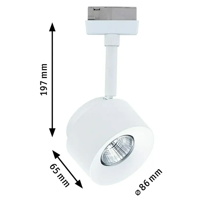 Paulmann URail LED-Spot Pane - Signalweiß, Warmweiß - Das Bild zeigt einen weißen Strahler mit den Maßen 197 mm Höhe, 65 mm Breite und 86 mm Durchmesser.