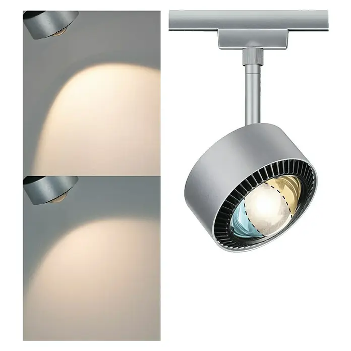 Paulmann URail LED-Spot Aldan - Chrom matt, Tageslichtweiß, Ø x H: 9,9 x 17,9 cm - Nahaufnahme einer modernen silbernen Strahlerlampe mit Lichtkegel an einer Wand.
