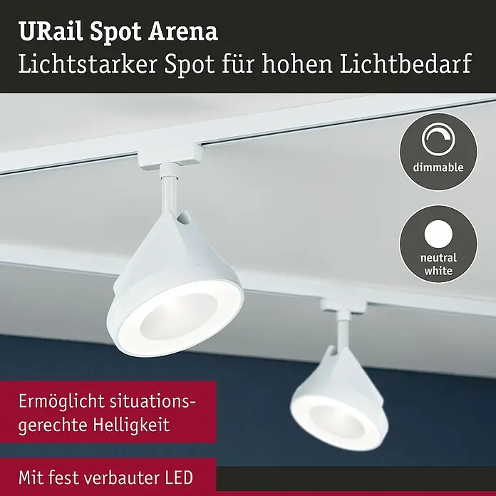 Paulmann URail LED-Spot Arena - Signalweiß, 7,8 x 12,3 x 19,1 cm, Neutralweiß - Bild von zwei weißen URail Spot Arena Leuchten an einer weißen Decke, die dimmbar sind und neutralweißes Licht spenden.