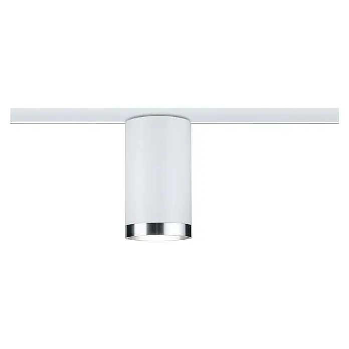 Paulmann URail LED-Spot Tube - Signalweiß, GU10, Ø x H: 6,5 x 12,8 cm - Nahaufnahme einer modernen weißen Deckenleuchte mit Chromakzenten, die an einer Schiene befestigt ist. Minimalistisches Design für stilvolle Beleuchtung.