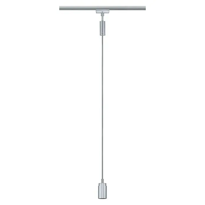 Paulmann URail Pendelleuchte Runa - Ø x H: 3,5 x 118 cm, Chrom matt - Eine elegante silberne Pendelleuchte mit einer schlanken Stange und zylindrischen Elementen, die modernes Design verkörpert.
