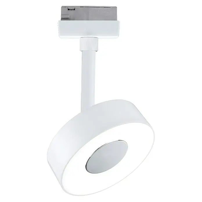 Paulmann URail LED-Spot Circle - Signalweiß, 5 x 9,8 x 15,4 cm, Neutralweiß - Nahaufnahme einer weißen Deckenleuchte mit silbernen Akzenten. Elegantes Design für moderne Innenräume, das stilvolles Licht bietet.