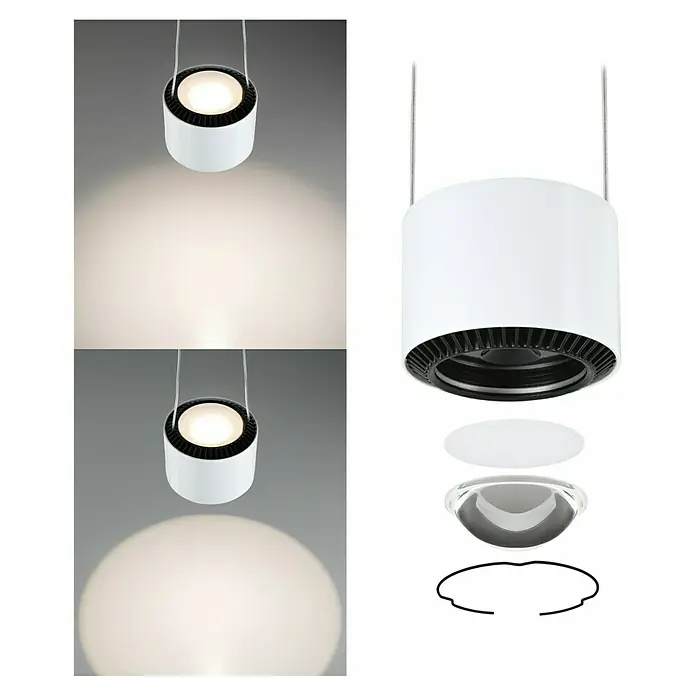 Paulmann URail LED-Pendelleuchte Aldan - Signalweiß, Höhe: 150 cm, Dimmbar - Weisse Hängelampe mit Lichtquelle und Explosionszeichnung zur Hervorhebung der Komponenten. Elegantes Design für moderne Räume.