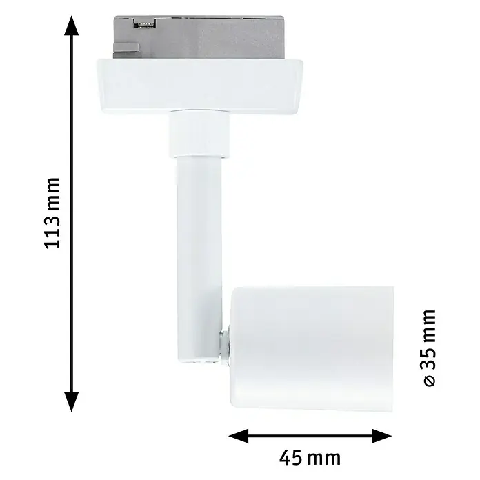 Paulmann URail LED-Spot Salt - 10 W, Signalweiß, 3,5 x 4,5 x 11,3 cm - Abbildung einer weißen Deckenleuchte mit den Maßen 113 mm Höhe, 45 mm Länge und 35 mm Durchmesser.