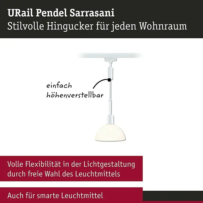 Paulmann URail Pendelleuchte Sarrasani - E14, Signalweiß - Abbildung einer URail Pendelleuchte Sarrasani. Stilvoller Hingucker, höhenverstellbar und flexibel in der Lichtgestaltung durch freie Wahl des Leuchtmittels.