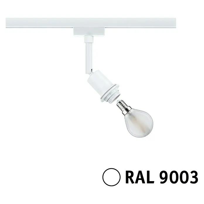 Paulmann URail LED-Spot DecoSystems - Lampenfassung: E14, Farbe: Signalweiß - Eine Nahaufnahme einer weißen Deckenleuchte mit einer Glühbirne und dem Text "RAL 9003" auf schwarzem Hintergrund.