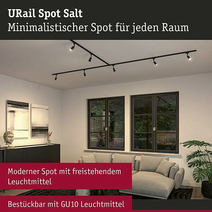 Paulmann URail LED-Spot Salt - 10 W, Schwarz matt, 3,5 x 4,5 x 11,3 cm - URail Spot Salt: Minimalistischer Spot für jeden Raum. Moderner Spot mit freistehendem Leuchtmittel, bestückbar mit GU10 Leuchtmittel.