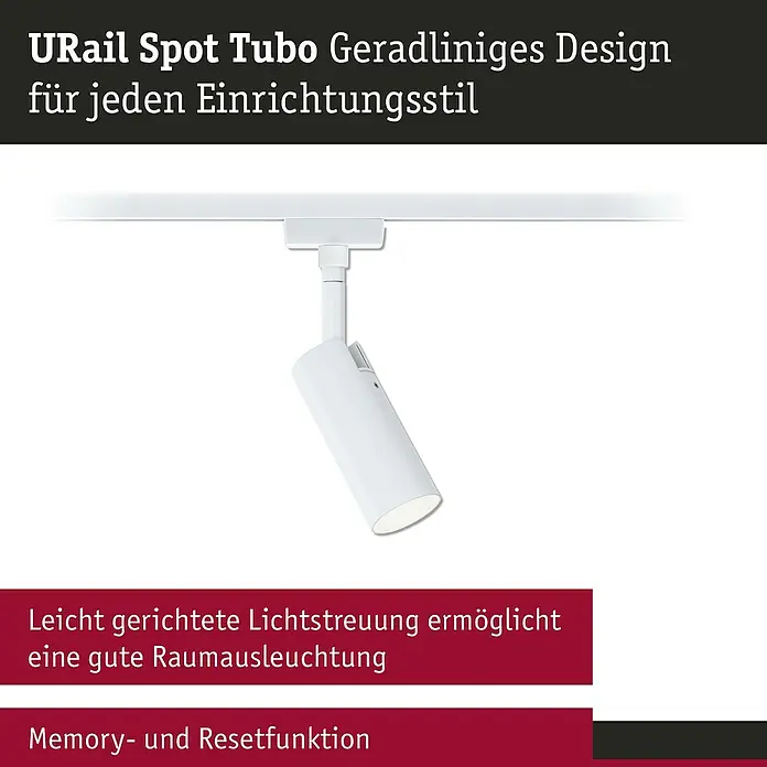 Paulmann URail LED-Spot Tubo - 5 W, Warmweiß, Signalweiß - Bild eines weißen URail Spot Tubo mit geradlinigem Design für jeden Einrichtungsstil.