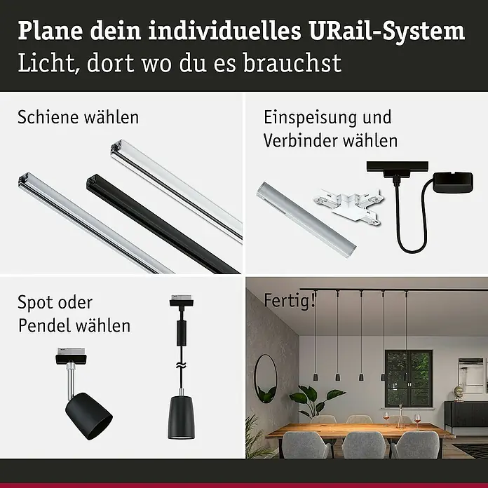 Paulmann URail Pendelleuchte Cover - Ø x H: 6,5 x 122 cm, Schwarz matt - Illustration eines URail-Lichtsystems mit verschiedenen Komponenten zur individuellen Gestaltung.