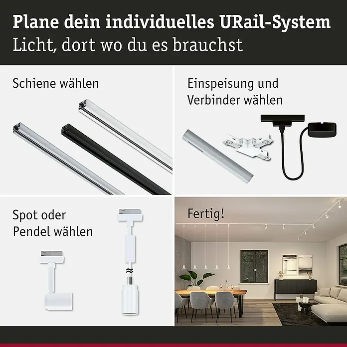 Paulmann URail LED-Spot Runa - 10 W, Signalweiß, 3,5 x 6 x 13,3 cm - Anleitung zur Planung eines individuellen URail-Systems mit Schienen, Einspeisung, Verbindern, Spots oder Pendeln. Fertige Installation im Raum.