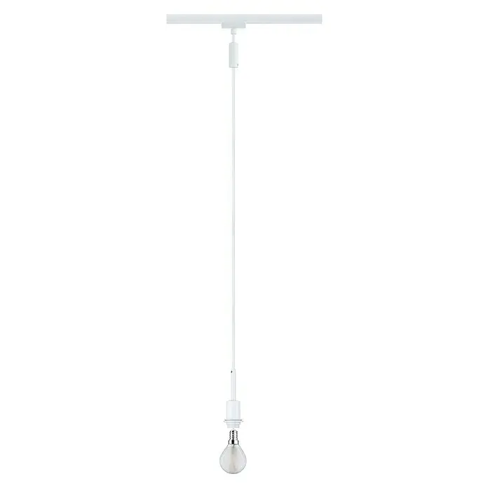 Paulmann URail Pendelleuchte DecoSystems - E14, Höhe: 135 cm, Signalweiß - Eine minimalistische, weiße Pendelleuchte mit einer schlichten Glühbirne, die von einer weißen Stange von der Decke hängt.