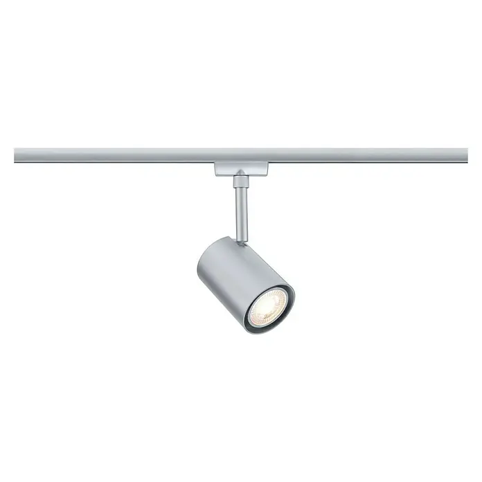 Paulmann URail LED-Spot Luxe - 10 W, Chrom matt, 6,5 x 9 x 16,3 cm - Ein silberner, zylindrischer Strahler an einer Schiene, der nach unten gerichtet ist und ein helles, warmes Licht ausstrahlt.