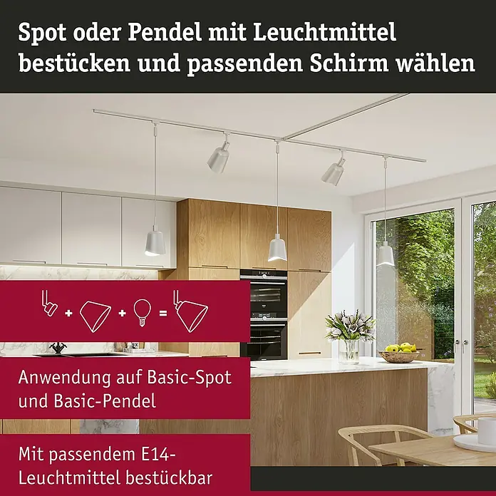 Paulmann URail Lampenschirm Alvaro - E14, Ø x H: 14,4 x 17 cm, Chrom - Lichtsystem mit Spots und Pendelleuchten. Die Leuchten lassen sich mit passenden E14-Leuchtmitteln bestücken und mit Schirmen kombinieren.