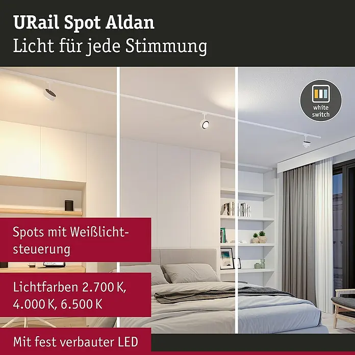 Paulmann URail LED-Spot Aldan - Signalweiß, Kaltweiß, Ø x H: 9,9 x 17,9 cm - URail Spot Aldan mit Weißlichtsteuerung für jede Stimmung. Lichtfarben: 2.700 K, 4.000 K, 6.500 K. Mit fest verbauter LED.